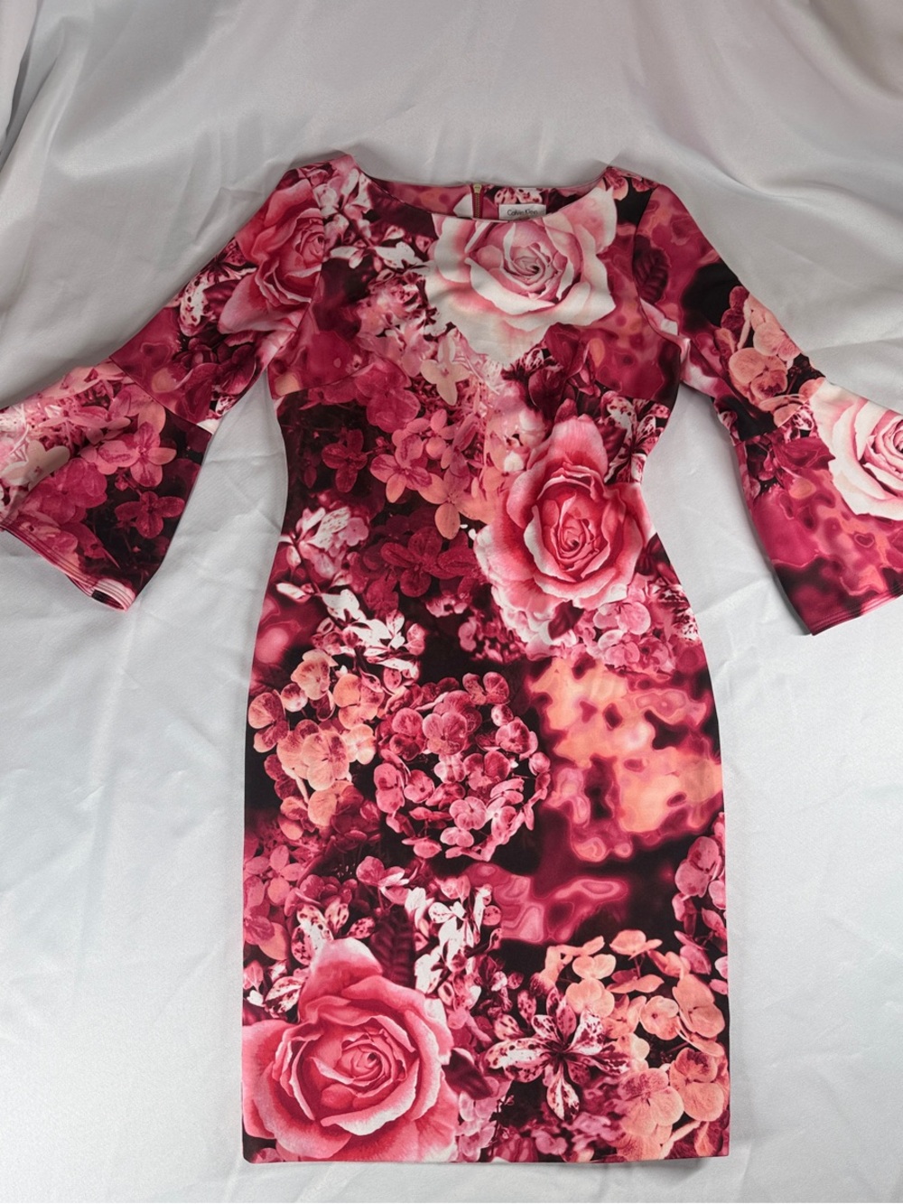 Calvin Klein Pink Floral Bell-Sleeve Midi Dress Size M - Picture 3 of 11